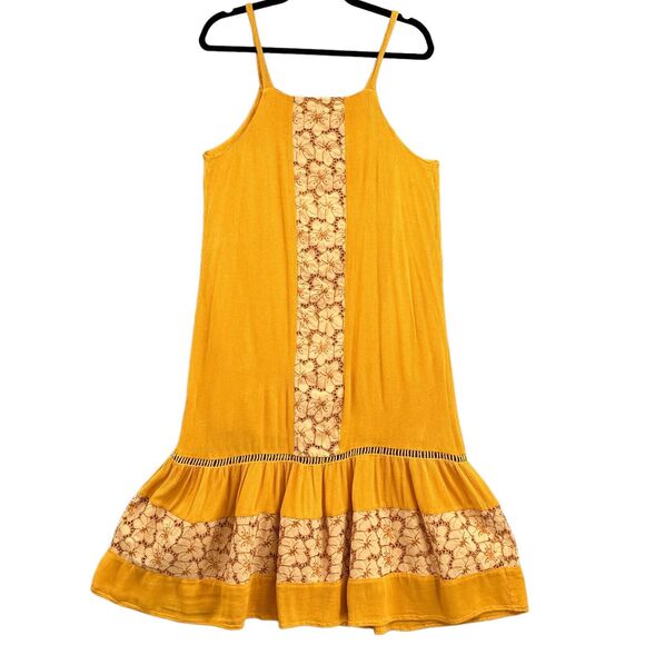 Miss Me Dress Lg Mustard Yellow Sleeveless Boho Beachy Floral Western Cowgirl - Picture 1 of 16
